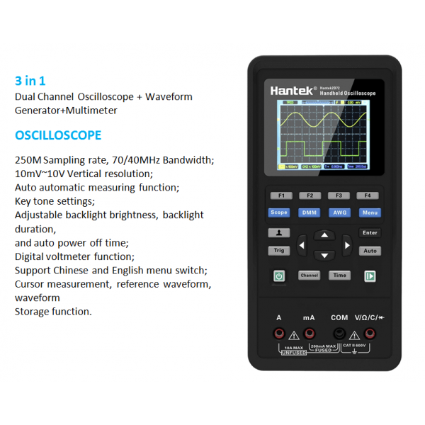 Handheld Oscilloscope Hantek 2D42 40MHz 2 Channel with Digital Multimeter Waveform Generator